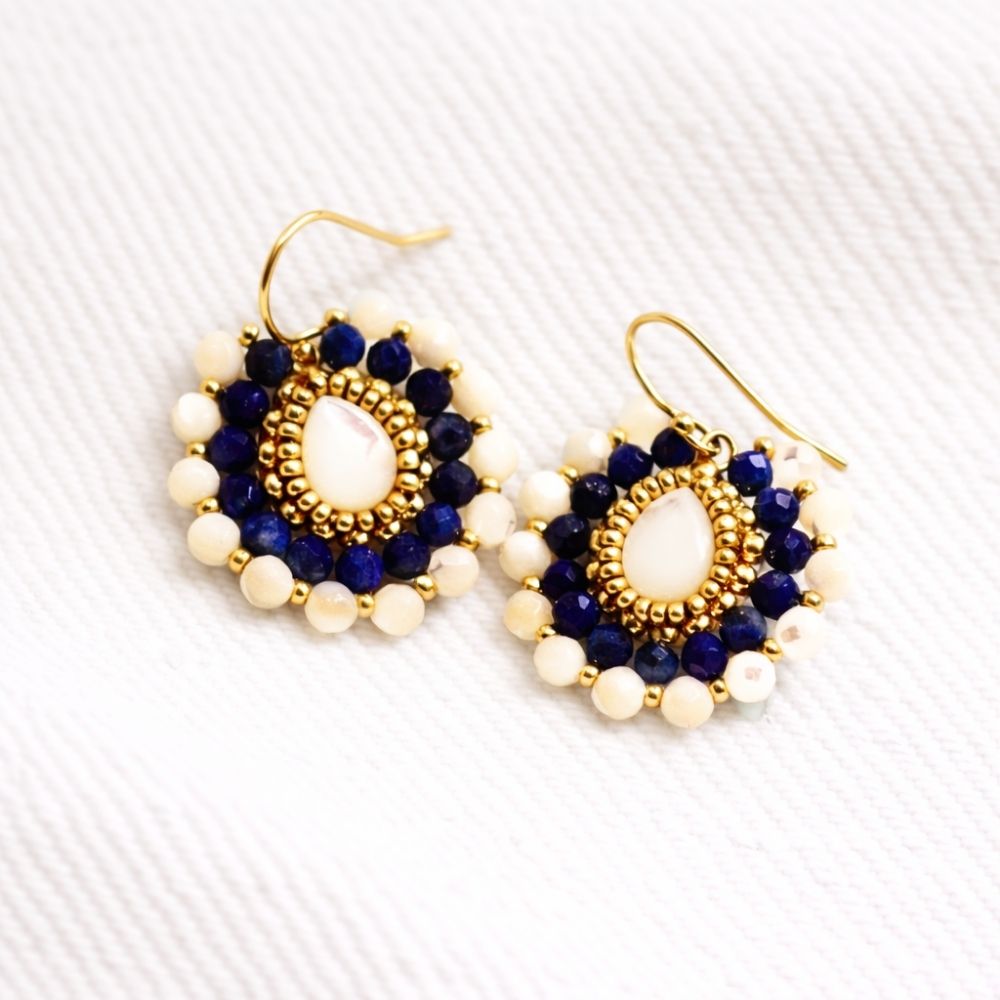 Boucles d'oreilles Juliette - COLETTE S'APPRÊTE - Bleu Blanc Couture - Made in France