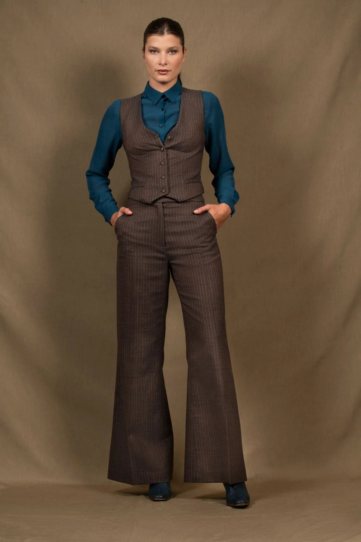 Pantalon Femme Coupe Flare Laine Marron Rayé - Certitude - Bleu Blanc Couture - Made in France