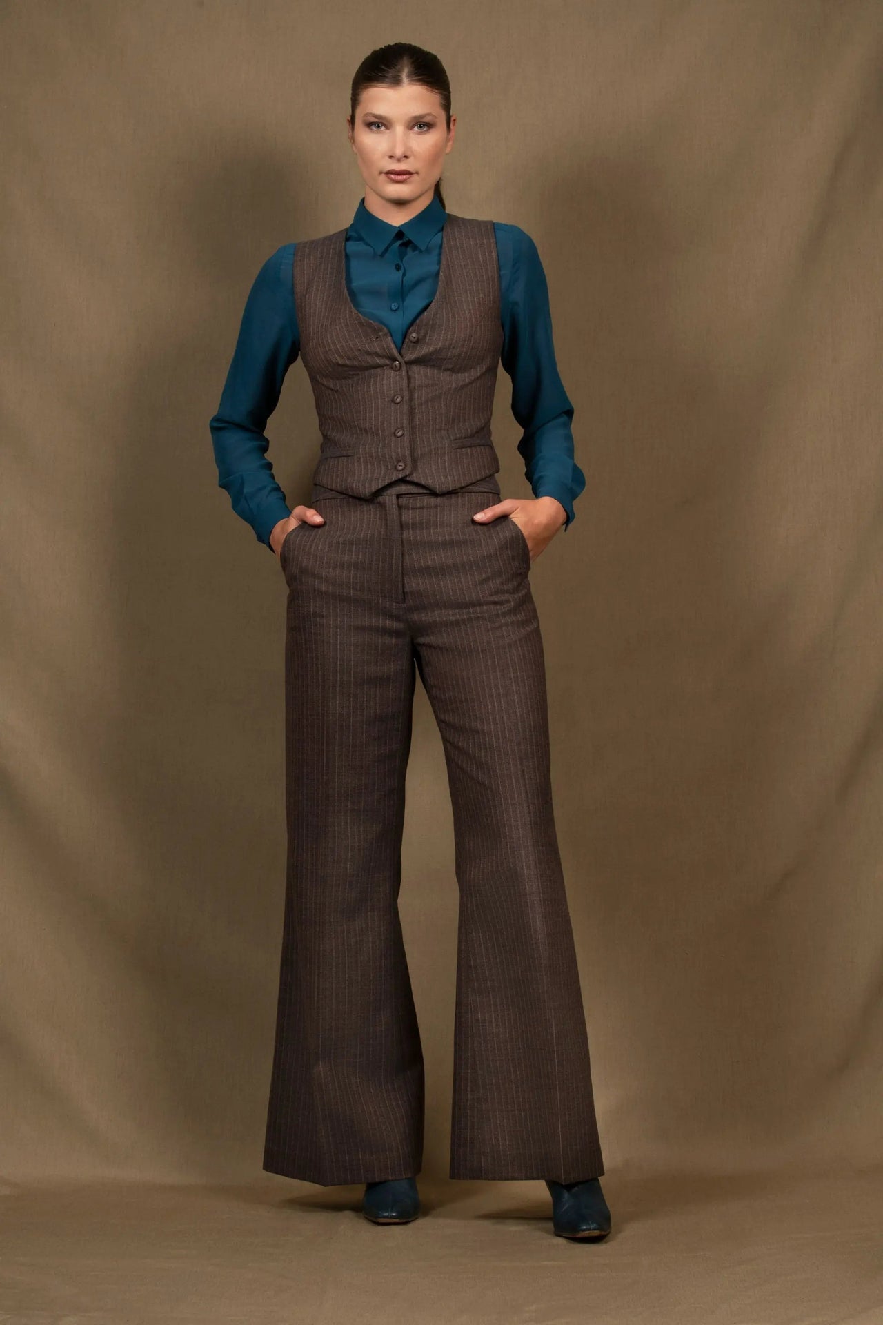 Pantalon Femme Coupe Flare Laine Marron Rayé - Certitude - Bleu Blanc Couture - Made in France