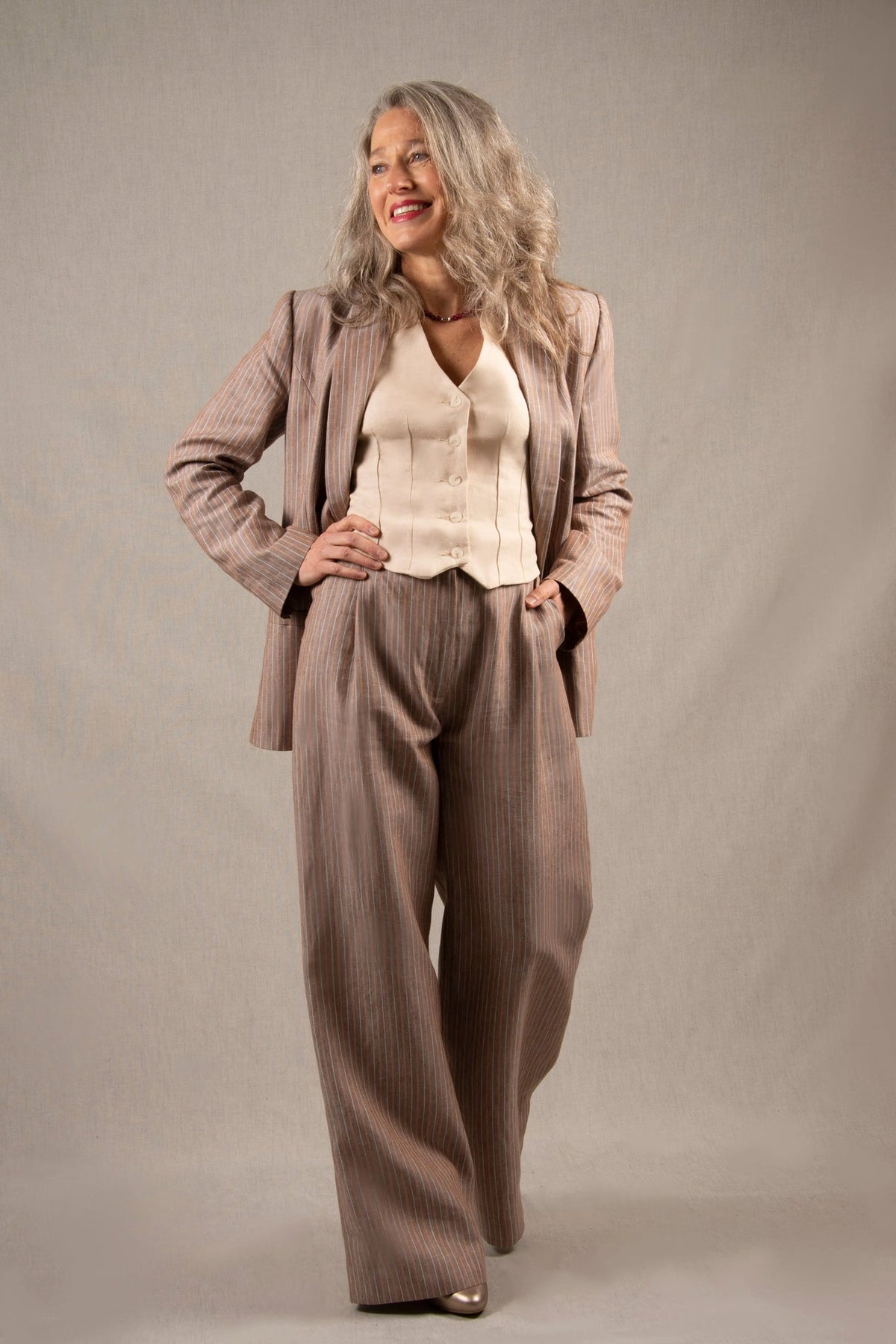Women's Brown Striped Linen Loose Fit Suit – Illusion - My Tailor is Joh - Made in France