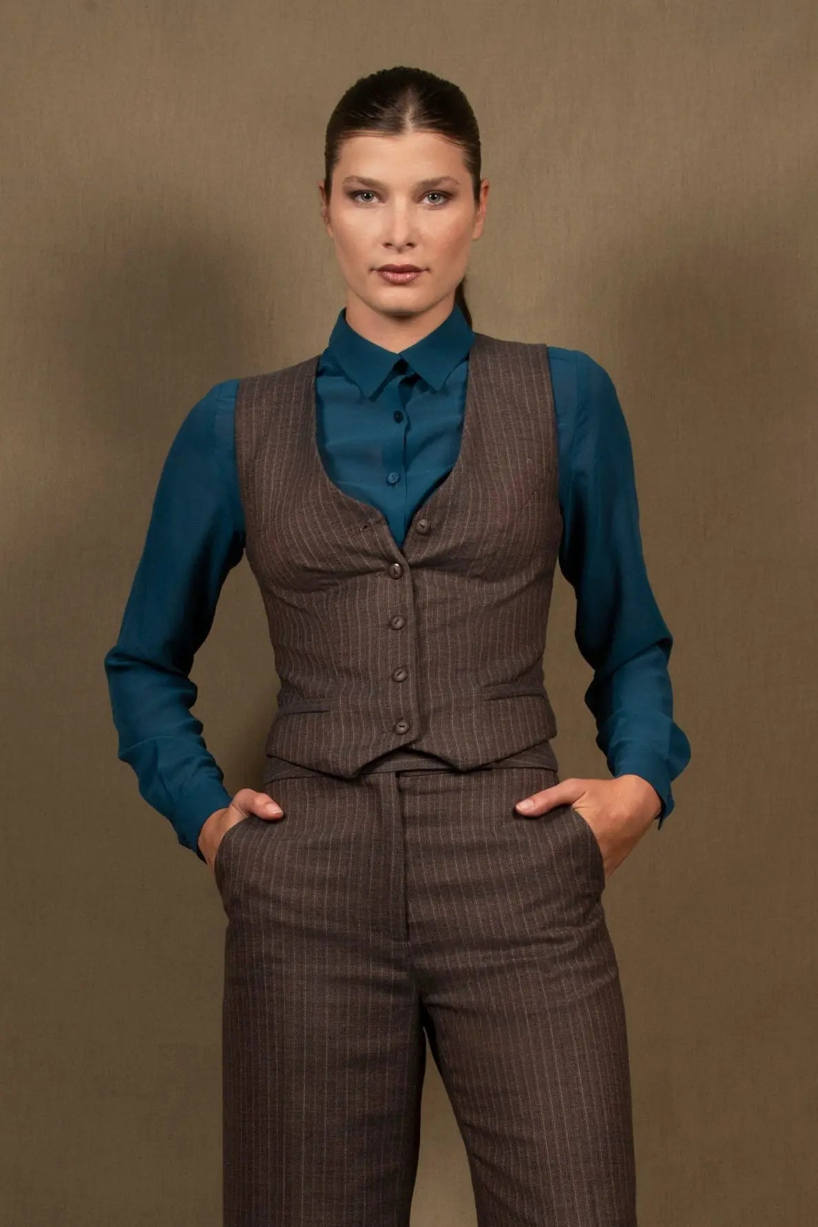 Gilet Tailleur Femme Marron Rayé - Conception - My Tailor is Joh - Made in France