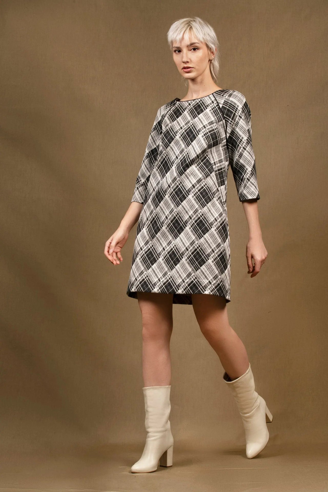 Robe Trapèze en Laine Losanges Noir et Gris - Sensation - Bleu Blanc Couture - Made in France