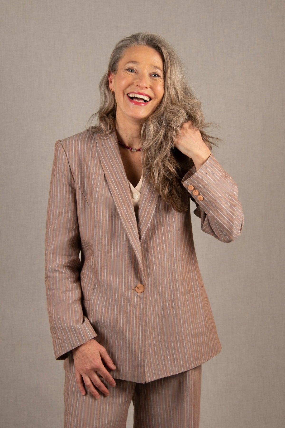 Veste Tailleur Femme en Lin Marron Rayé – Illusion - My Tailor is Joh - Made in France